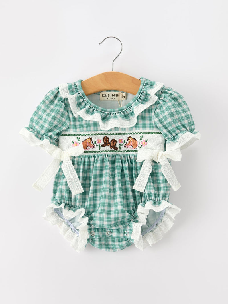 Western Plaid Horse Embroidered Girl Bubble Romper - 1