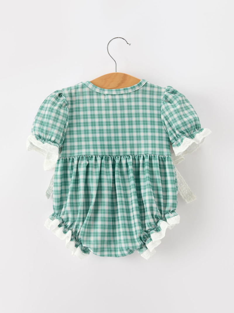 Western Plaid Horse Embroidered Girl Bubble Romper - 2