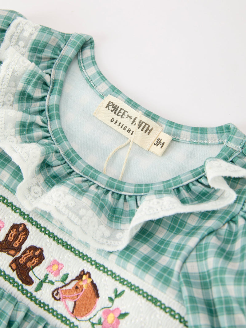 Western Plaid Horse Embroidered Girl Bubble Romper - 3