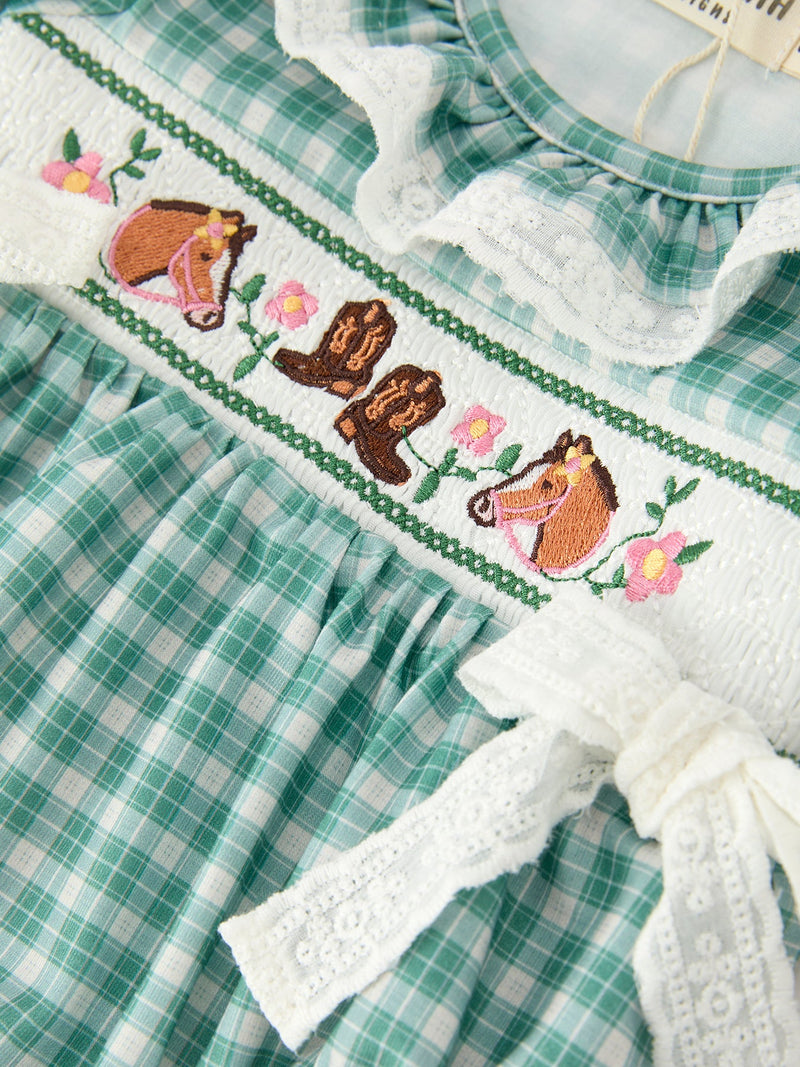 Western Plaid Horse Embroidered Girl Bubble Romper - 4