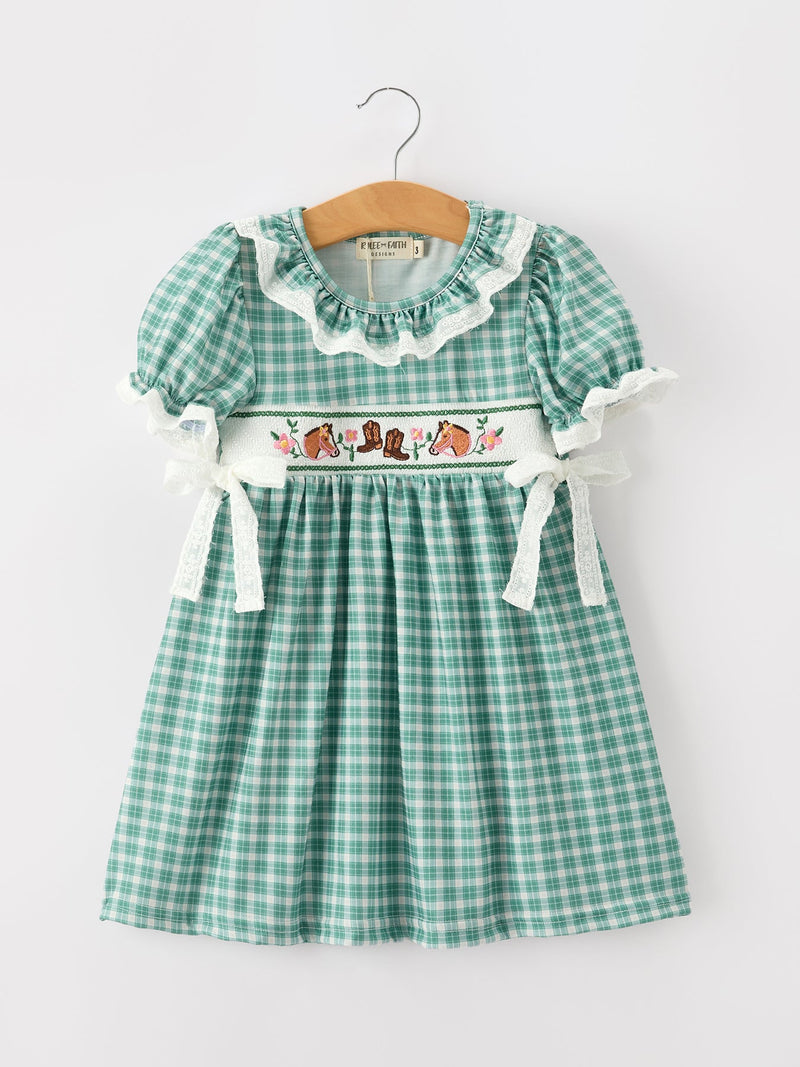 Western Plaid Horse Embroidered Girl Dress - 1