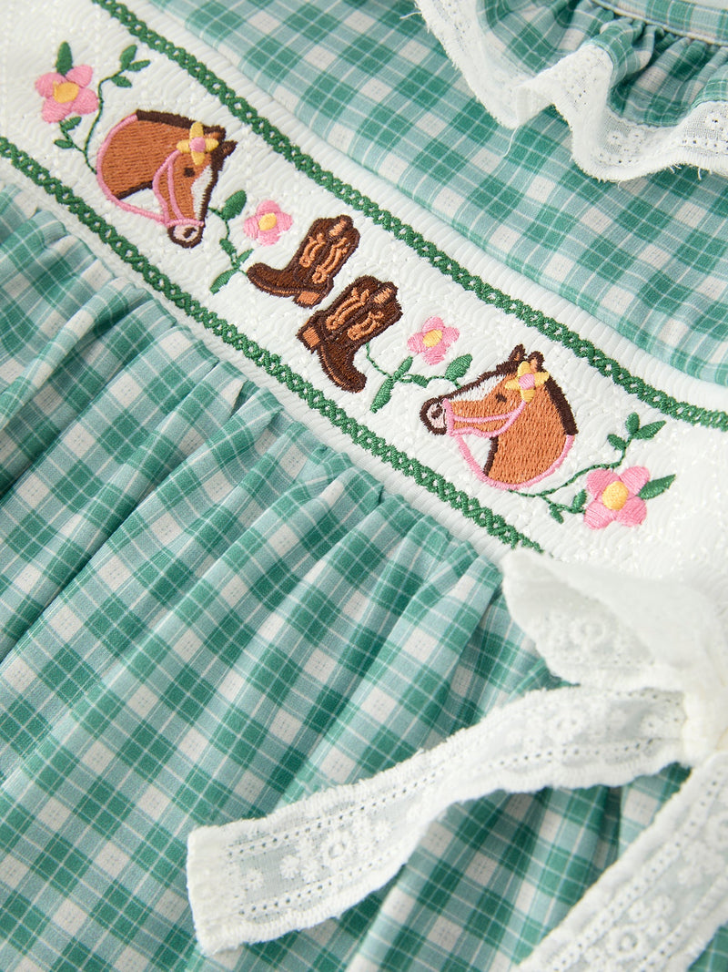 Western Plaid Horse Embroidered Girl Dress - 4