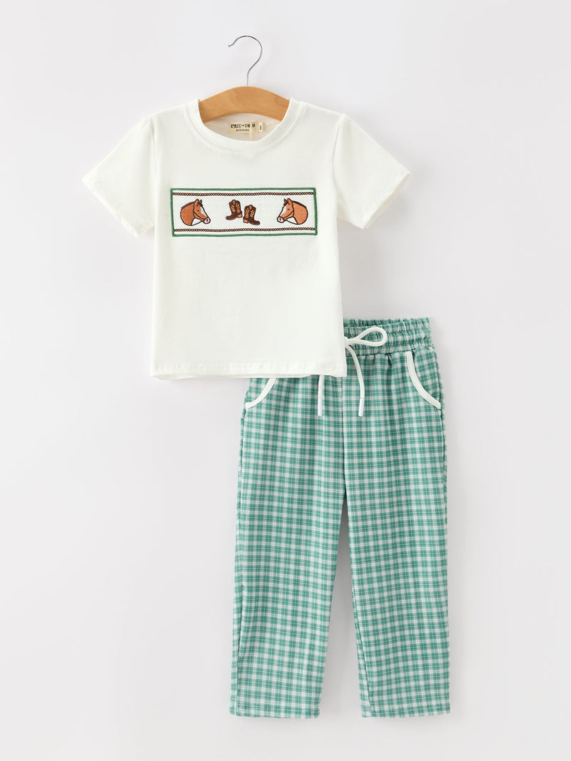 Western Plaid Horse Embroidery Boy Pants Set - 6