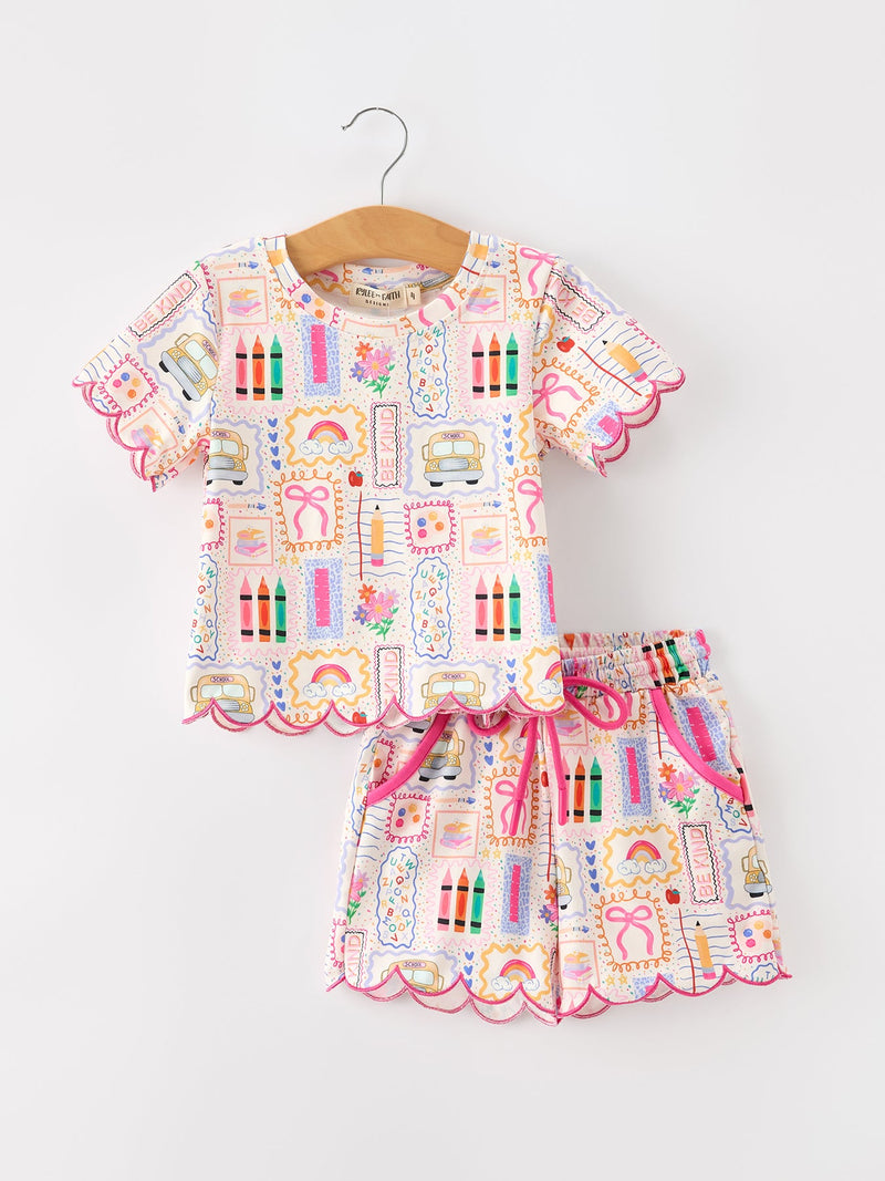 Back to School Print Girl Short Set Scallop Hem - 1