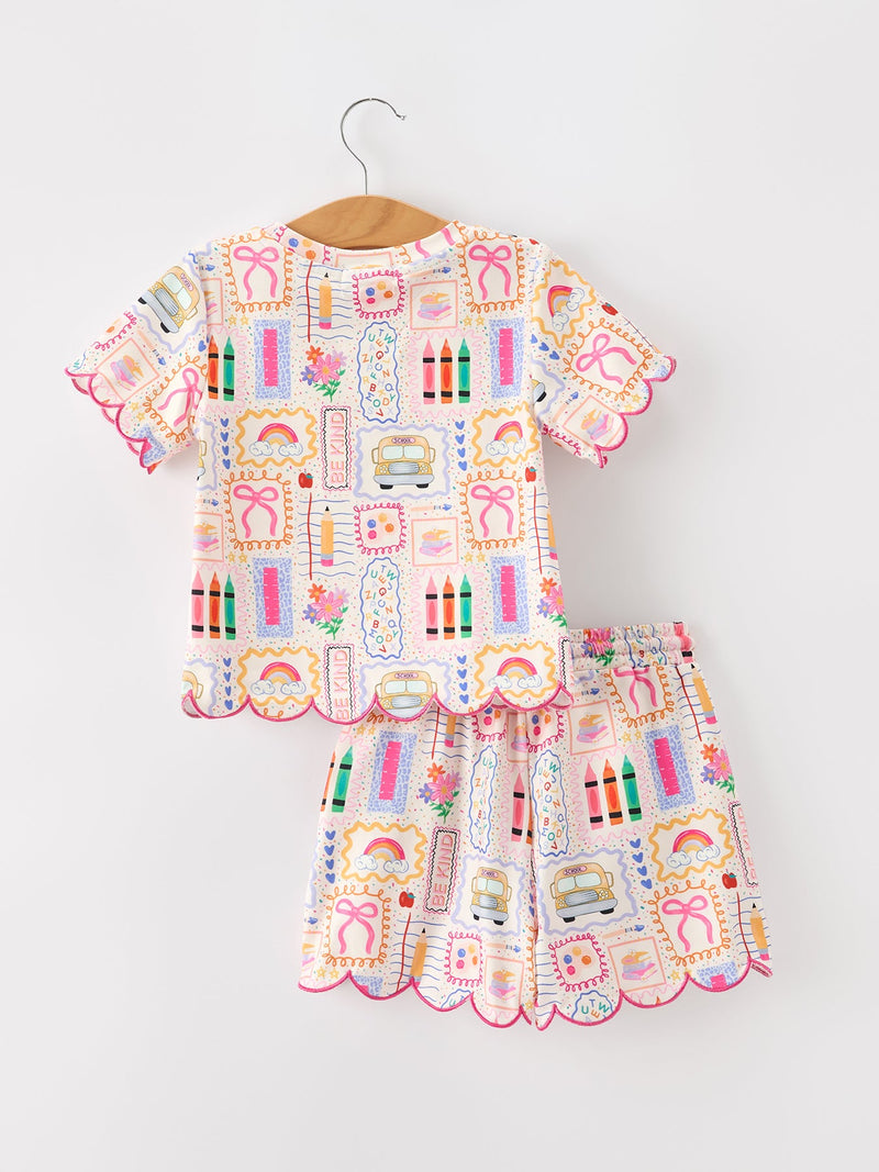 Back to School Print Girl Short Set Scallop Hem - 13