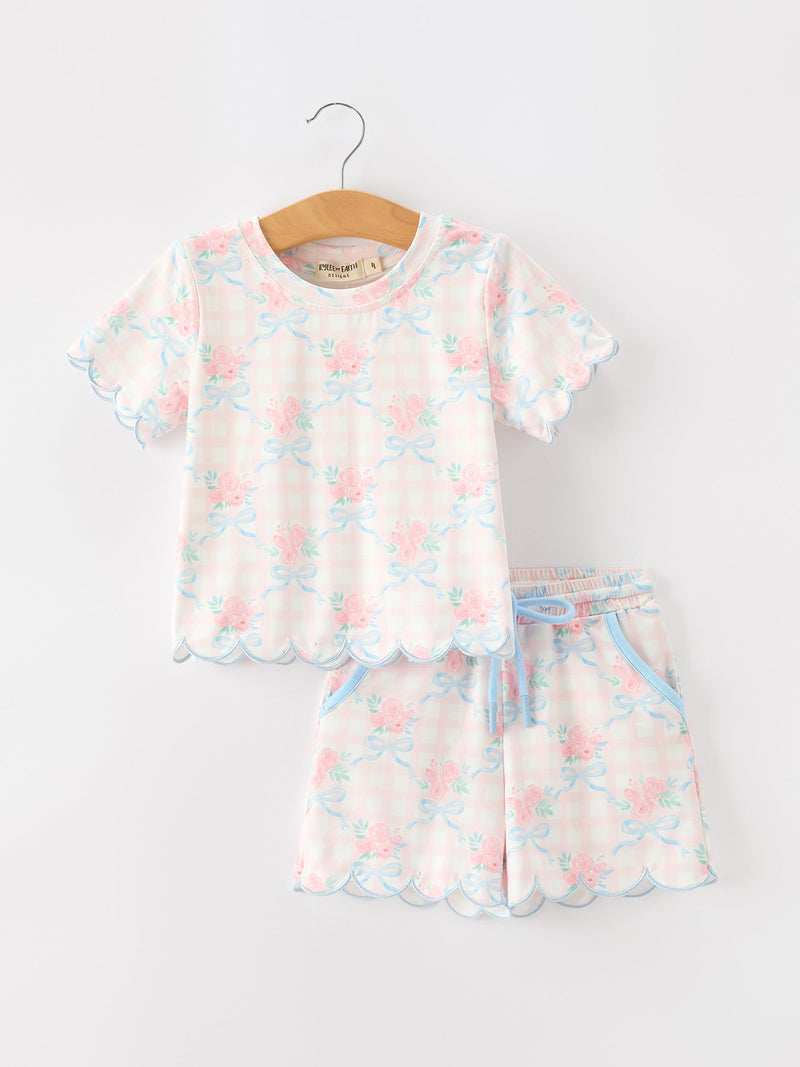 Bow Floral Girl Short Set Scallop Hem - 1
