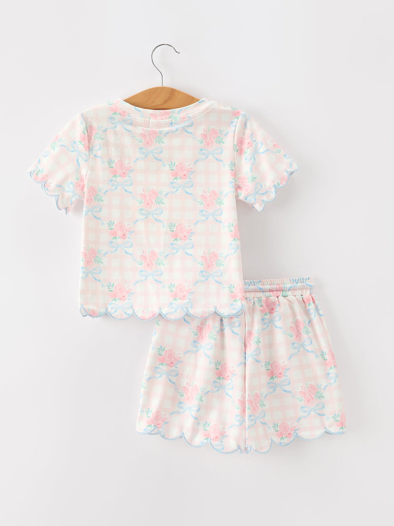 Bow Floral Girl Short Set Scallop Hem - 2