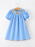 Blue Fall Thanksgiving&Halloween Pumpkin Smock Embroidery Lace Baby Girl Dress - 6