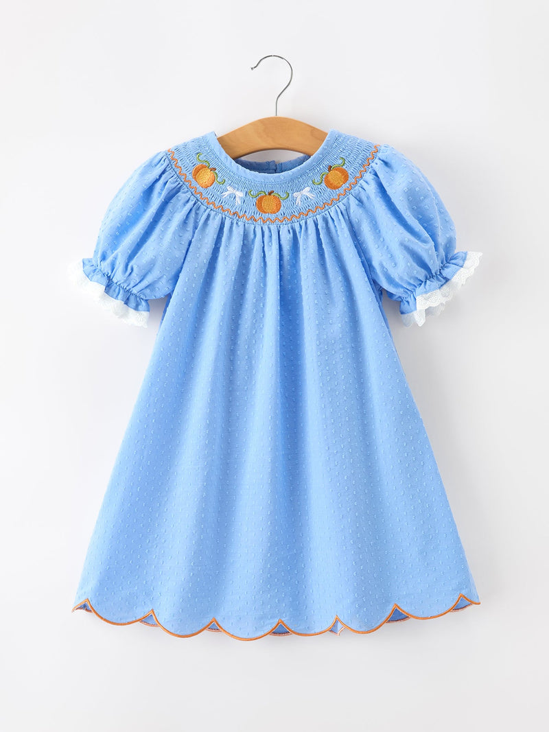 Blue Fall Thanksgiving&Halloween Pumpkin Smock Embroidery Lace Baby Girl Dress - 6