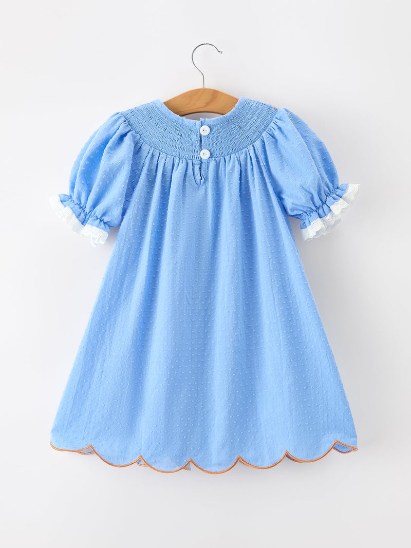 Blue Fall Thanksgiving&Halloween Pumpkin Smock Embroidery Lace Baby Girl Dress - 7