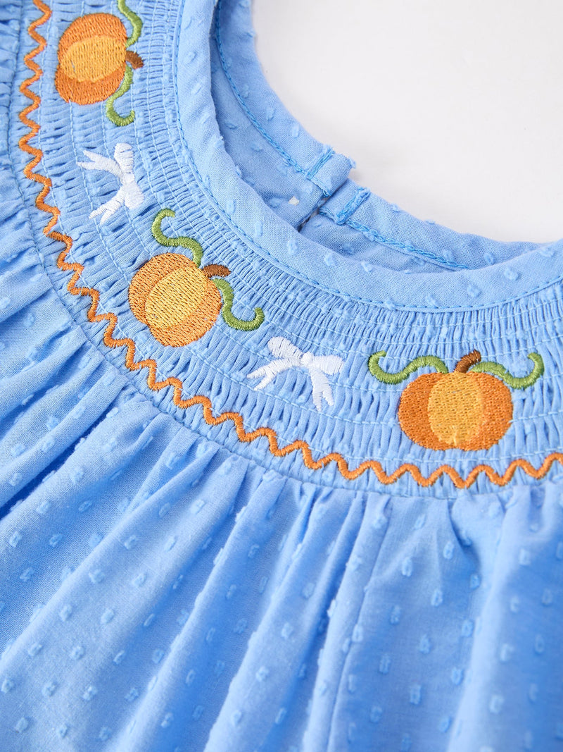 Blue Fall Thanksgiving&Halloween Pumpkin Smock Embroidery Lace Baby Girl Dress - 8