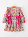 Hot Pink Bow Floral Girl Dress - 1