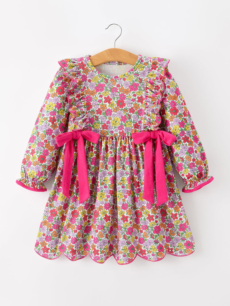 Hot Pink Bow Floral Girl Dress - 1