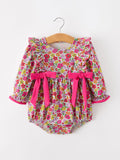 Hot Pink Bow Floral Girl Bubble Romper - 1