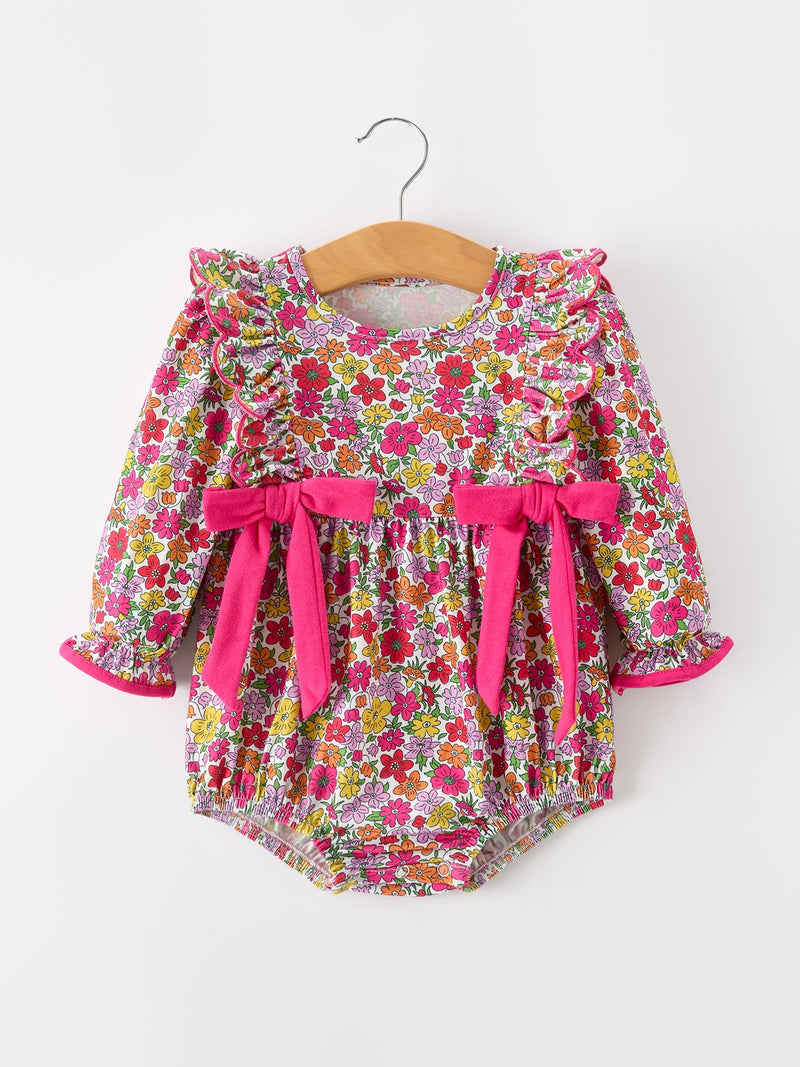 Hot Pink Bow Floral Girl Bubble Romper - 1