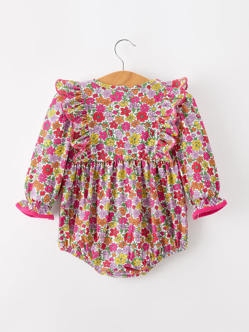 Hot Pink Bow Floral Girl Bubble Romper - 2