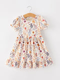 Fall Floral Puff Sleeve Ruffle Girls Dress - 1