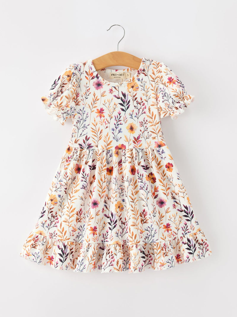 Fall Floral Puff Sleeve Ruffle Girls Dress - 1