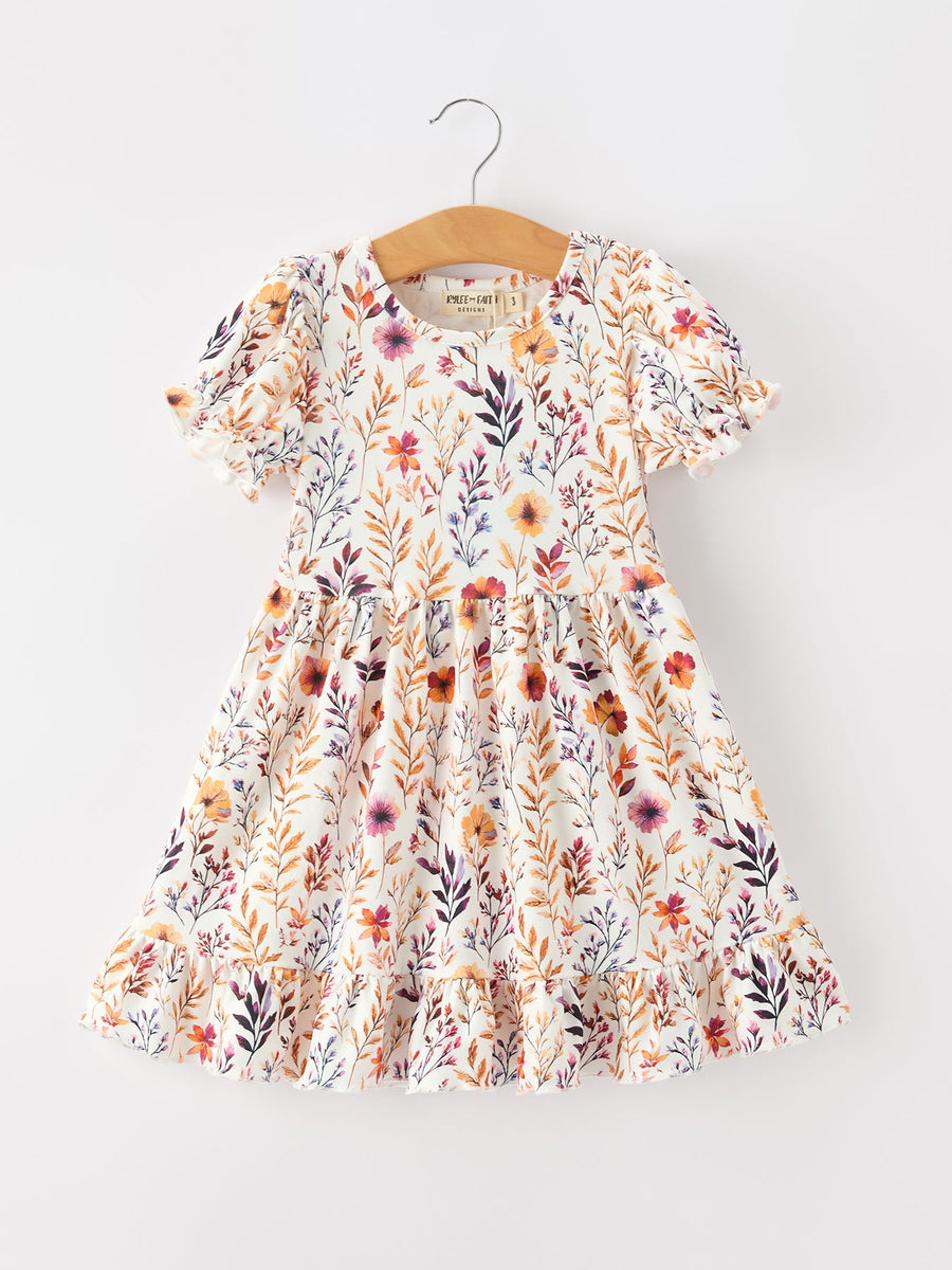 Fall Floral Puff Sleeve Ruffle Girls Dress