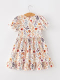 Fall Floral Puff Sleeve Ruffle Girls Dress - 2