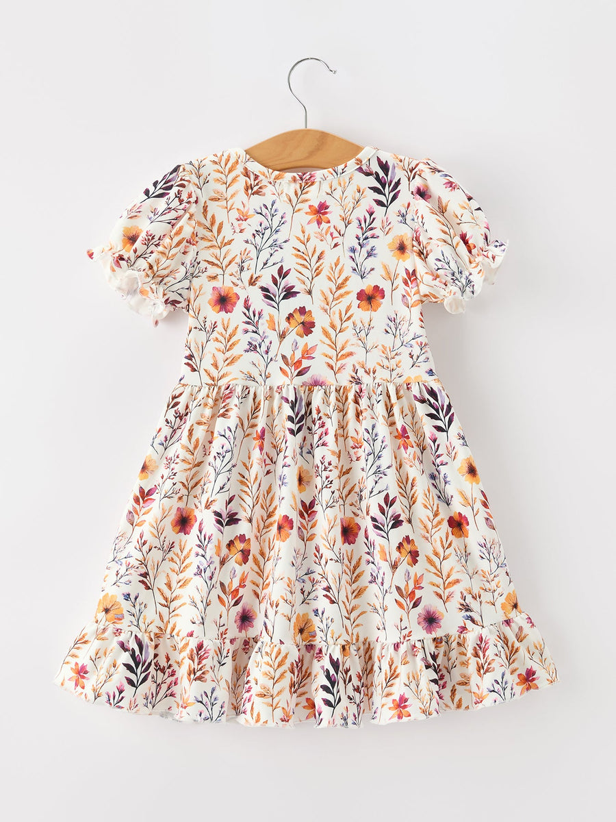 Fall Floral Puff Sleeve Ruffle Girls Dress