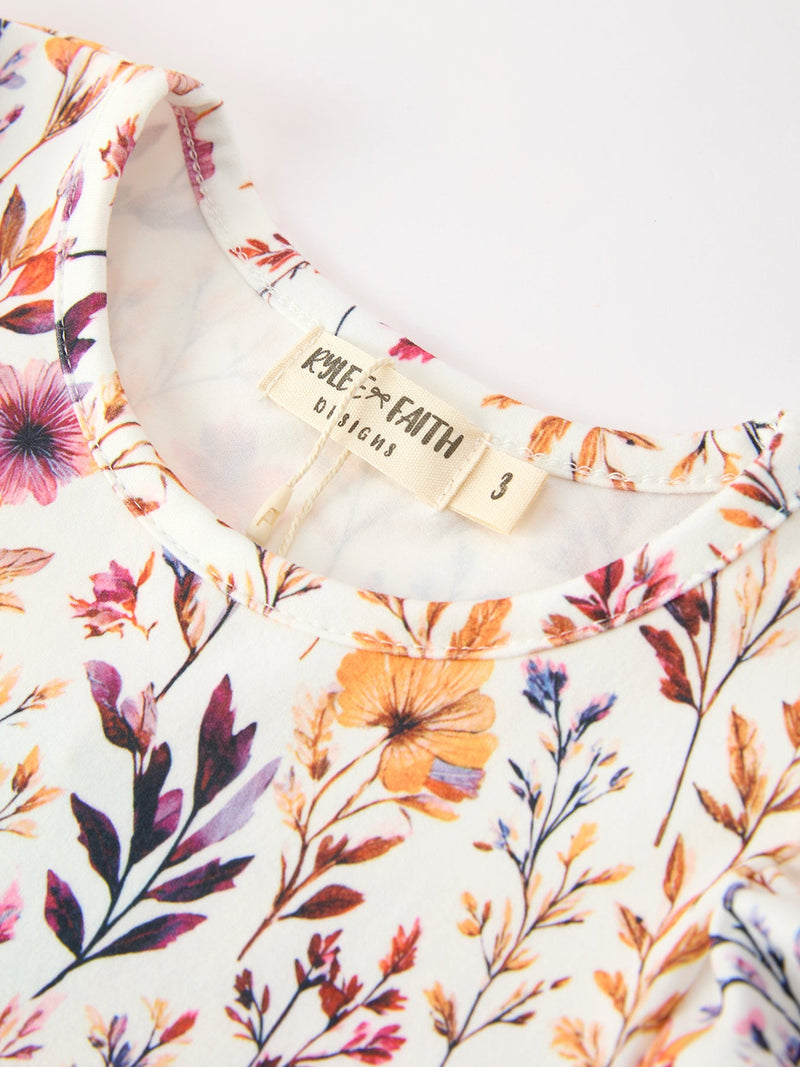 Fall Floral Puff Sleeve Ruffle Girls Dress - 3