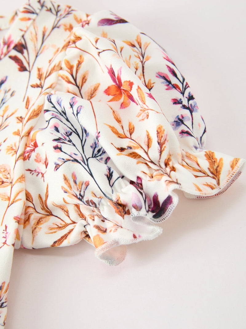 Fall Floral Puff Sleeve Ruffle Girls Dress - 4