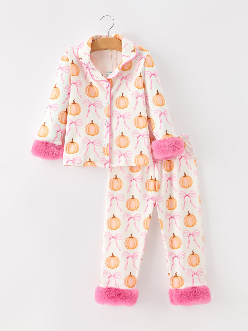 Halloween Thanksgiving Pumpkin Bow Fur Pajama Set - 6