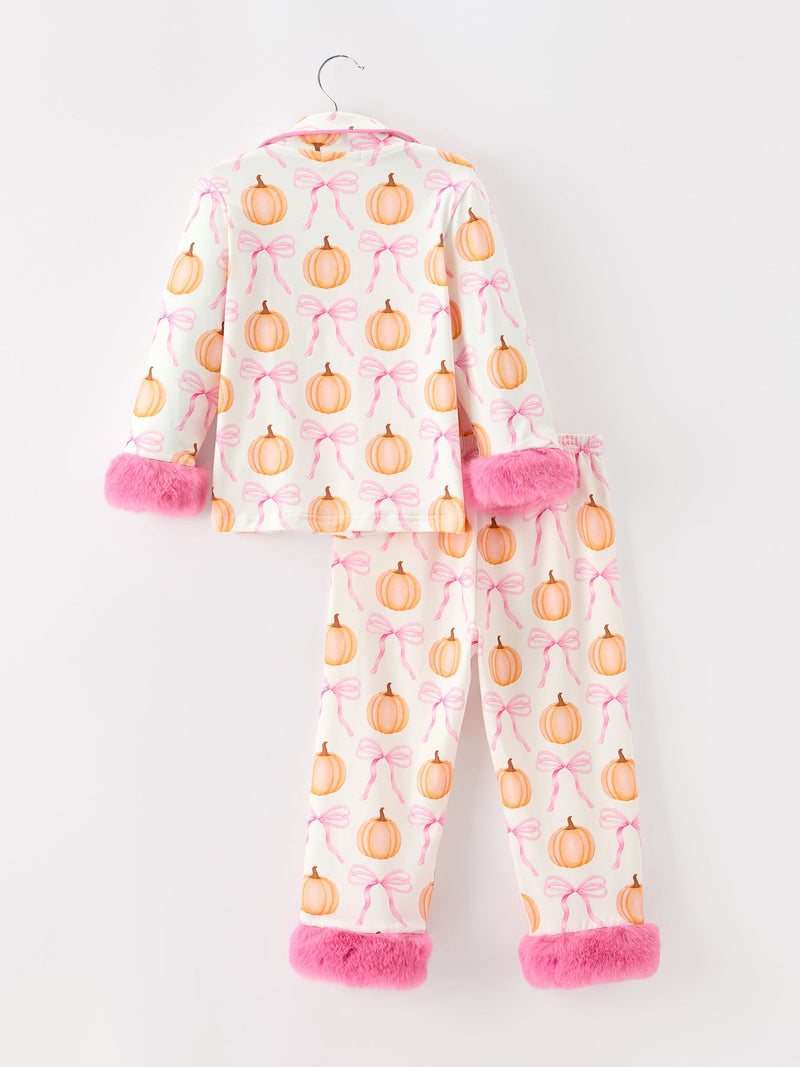 Halloween Thanksgiving Pumpkin Bow Fur Pajama Set - 7