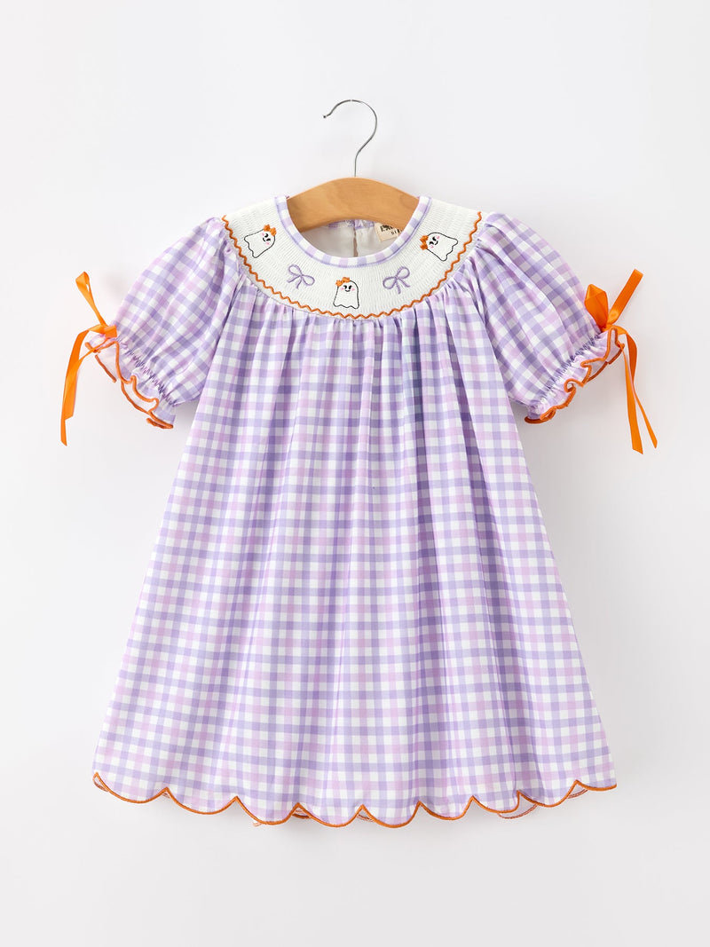 Halloween Ghost Plaid Bow Scallop Girls Dress - 1