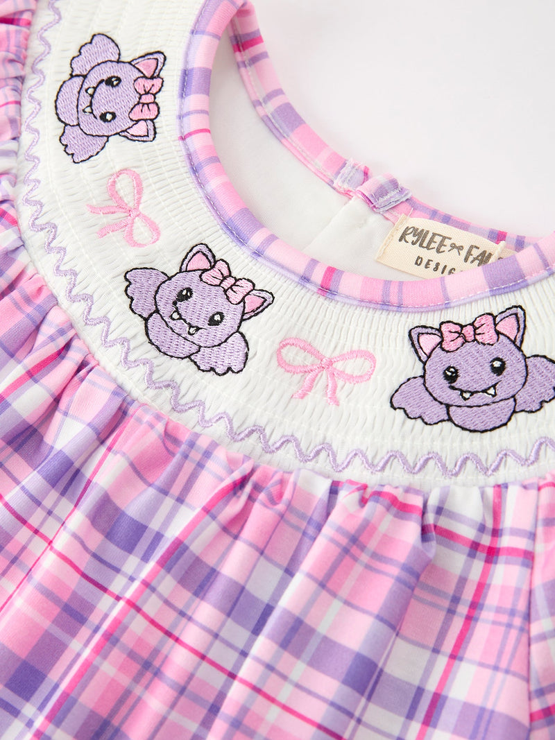 Halloween Plaid Bat Smocked Girls Dress - 3