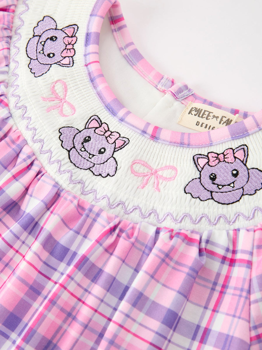 Halloween Plaid Bat Smocked Girls Dress