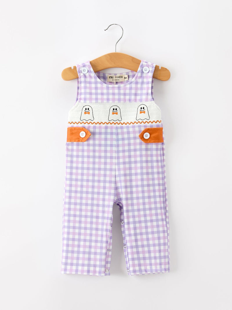 Halloween Ghost Plaid Smocked Baby Boy Romper - 1