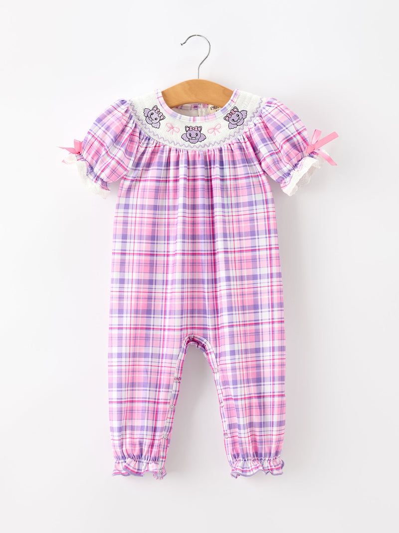 Halloween Plaid Bat Smocked Girls Romper - 1