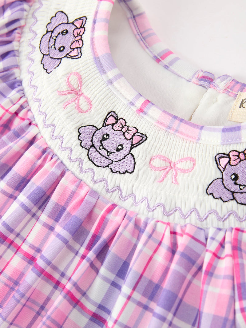 Halloween Plaid Bat Smocked Girls Romper - 3