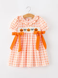 Halloween Pumpkin Plaid Bow Girls Dress - 1