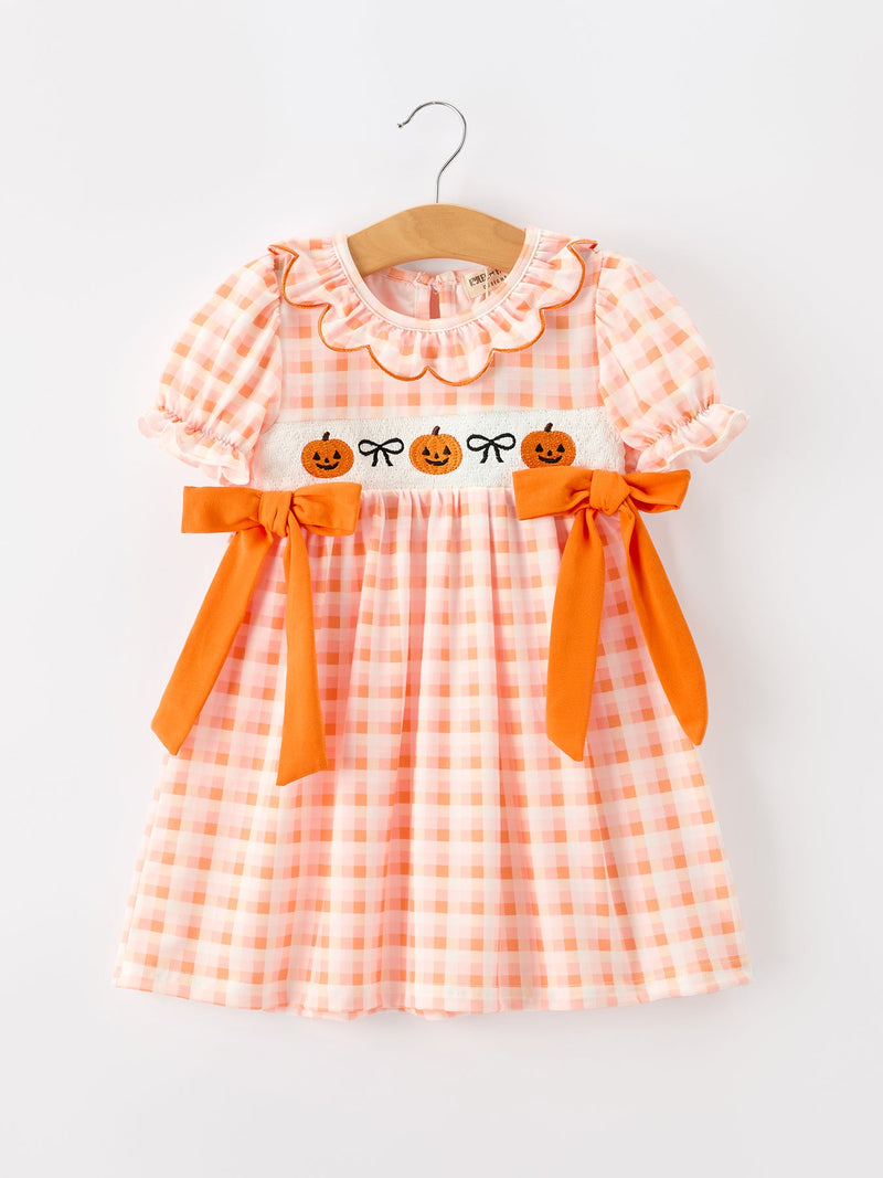 Halloween Pumpkin Plaid Bow Girls Dress - 1
