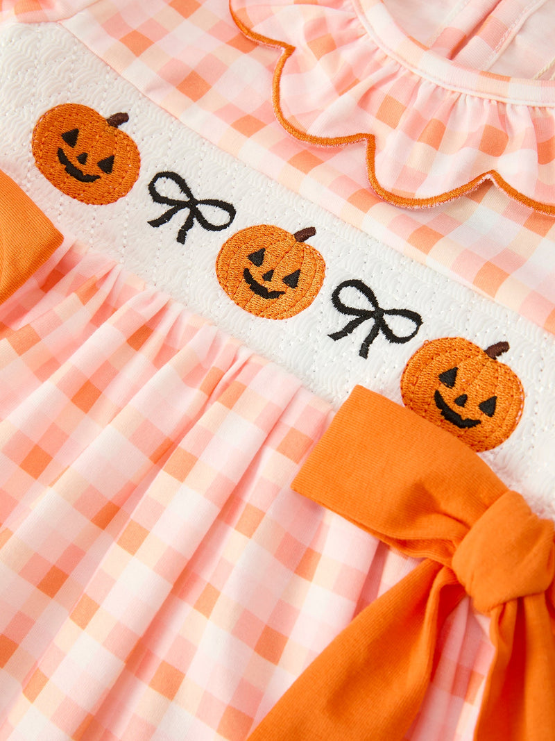 Halloween Pumpkin Plaid Bow Girls Dress - 3