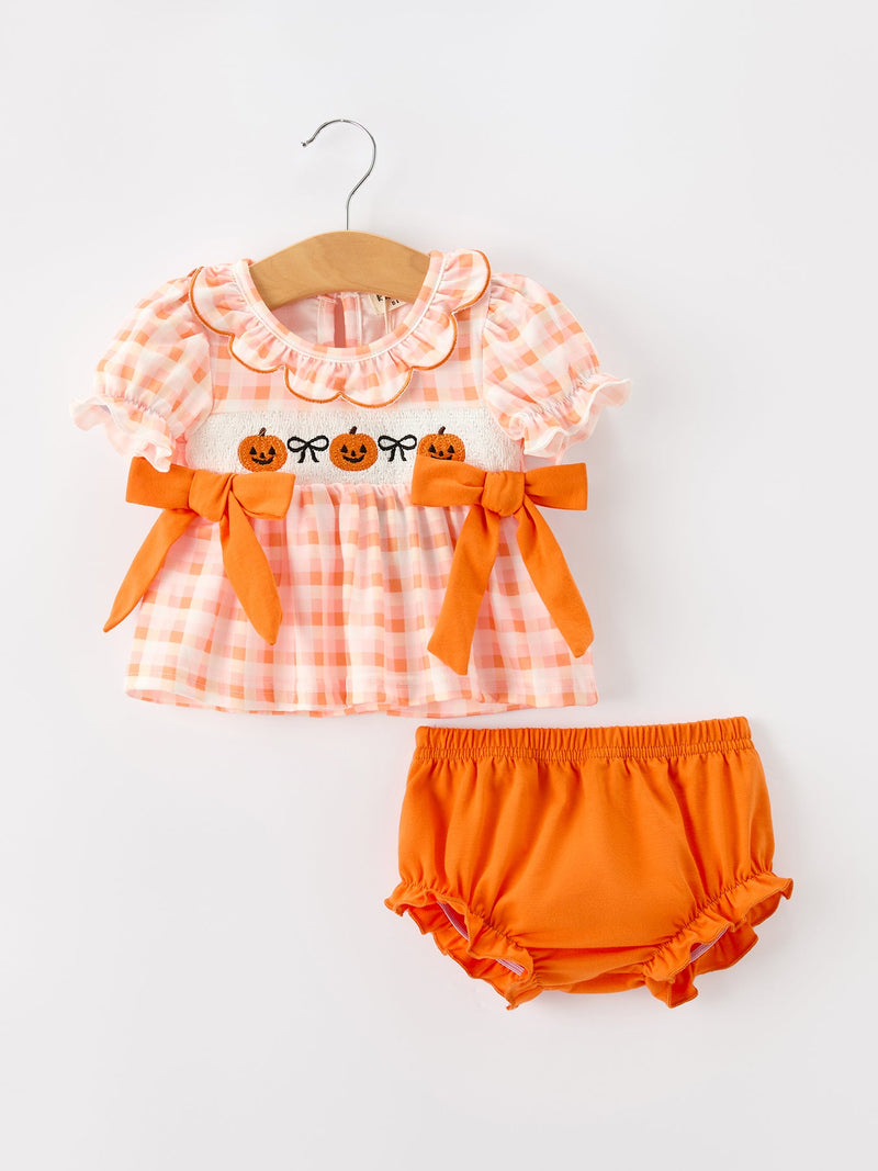 Halloween Pumpkin Plaid Girls Bloomer Set - 1