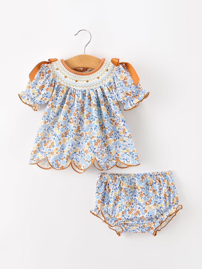 Fall Floral Smocked Girls Bloomer Set - 6