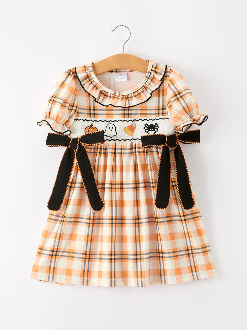 Halloween Plaid Smocked Girls Dress - 1