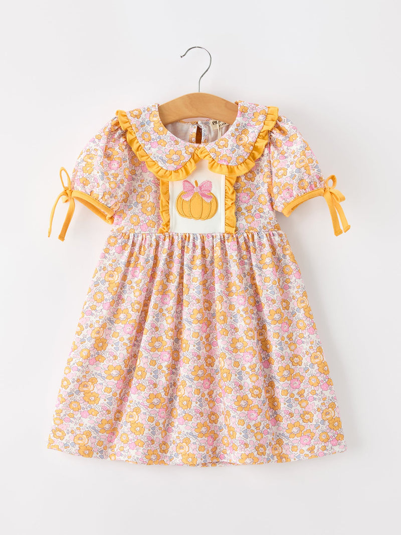 Halloween Pumpkin Floral Girls Dress - 1