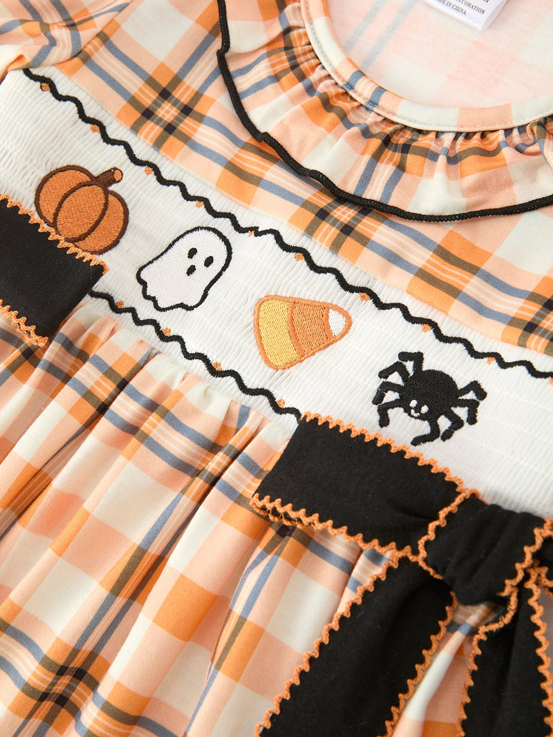 Halloween Plaid Smocked Girls Dress - 4