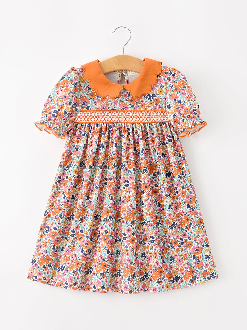 Fall Floral Smocked Petals Collar Girls Dress - 1