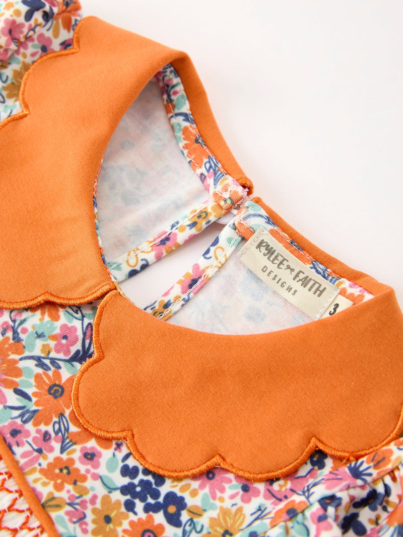 Fall Floral Smocked Petals Collar Girls Dress - 3