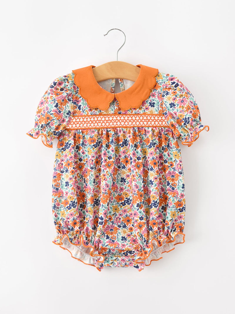 Fall Floral Smocked Petals Collar Girls Bubble Romper - 1