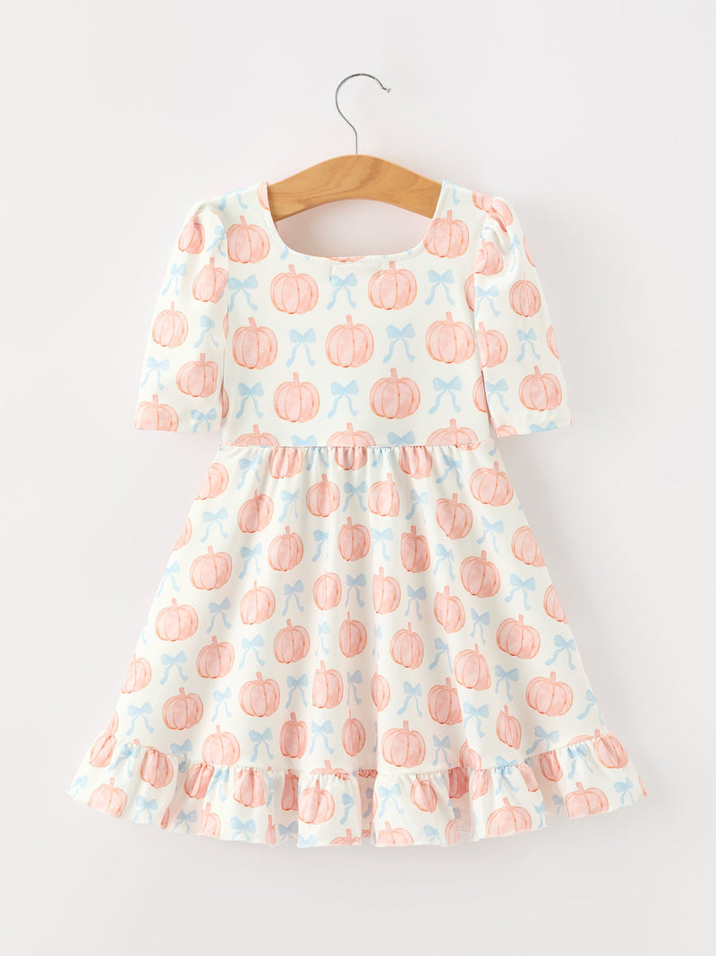 Halloween Thanksgiving Pumpkin Bow Girls Twirl Ruffle Dress - 2