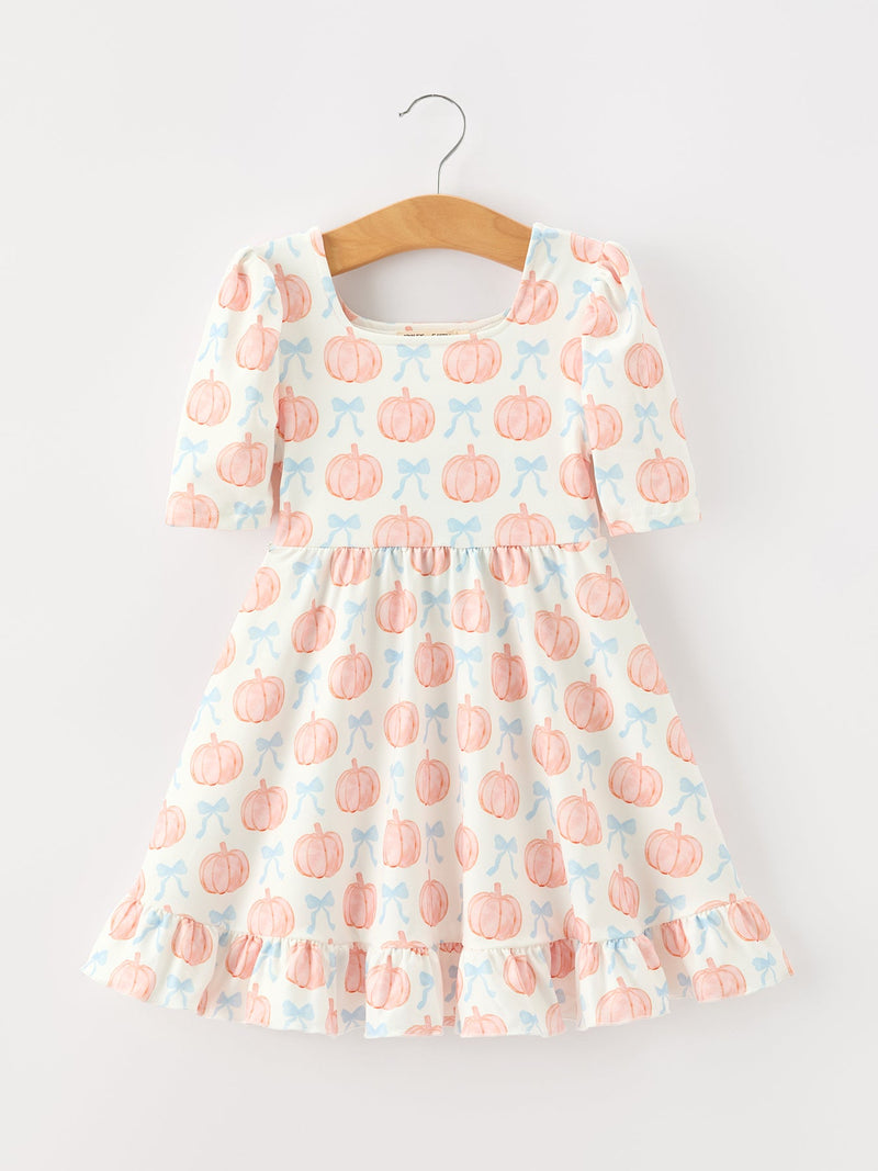 Halloween Thanksgiving Pumpkin Bow Girls Twirl Ruffle Dress - 1