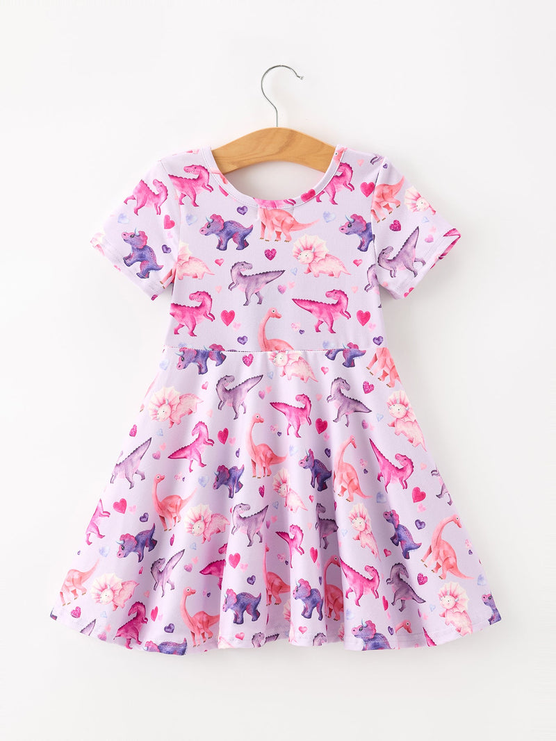 Dinosaur Heart Twirl Girls Dress Short Sleeves - 8