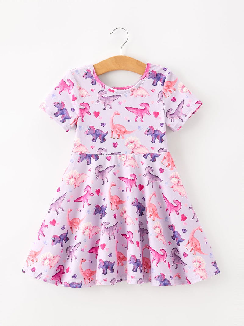 Dinosaur Heart Twirl Girls Dress Short Sleeves - 6